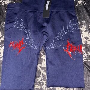 Navy Active Leggings with Red Script & Gray Graphic